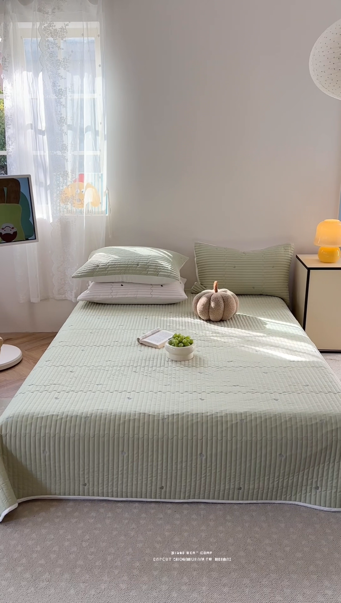 91家纺网 家纺一手货源 找家纺 优悦生活馆 2025新款亲肤舒适水洗棉夹棉床盖 暖心-绿