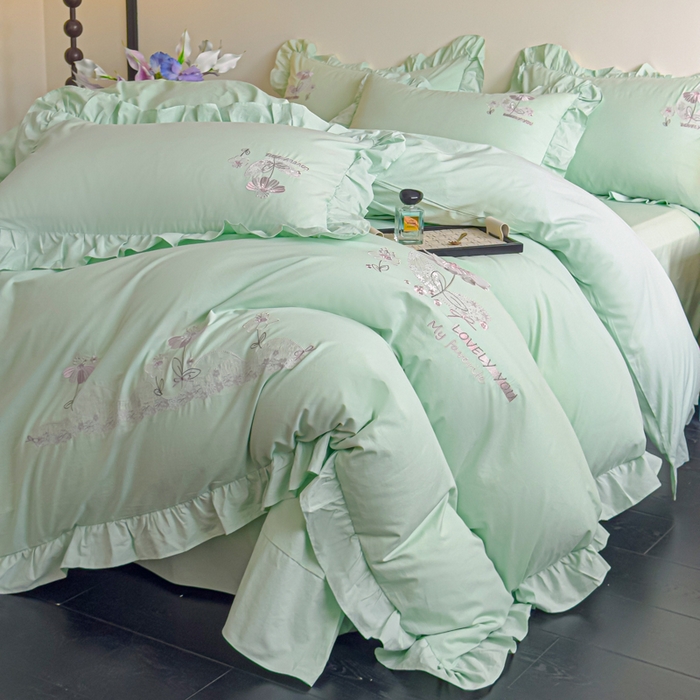91家纺网 家纺一手货源 找家纺 U品汇 A类全棉色织水洗棉刺绣花四件套纯棉100%棉韩版公主风立体花朵 春野浪漫-清水绿