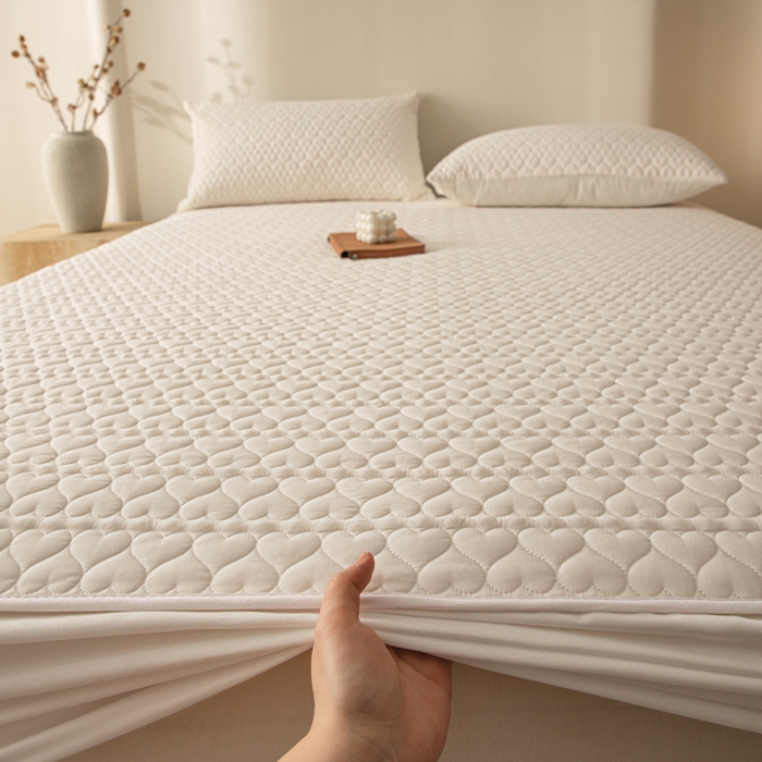 91家纺网 家纺一手货源 找家纺 优悦生活馆 2025新款亲肤水洗棉夹棉防水床笠 桃心-白