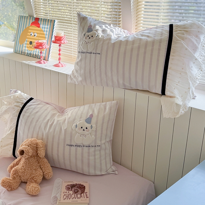 91家纺网 家纺一手货源 找家纺 （总）优悦生活馆 2025新款全棉纯棉水洗棉印花四件套-牛奶小狗