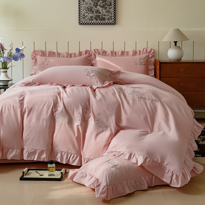 91家纺网 家纺一手货源 找家纺 （总）U品汇 A类全棉色织水洗棉刺绣花四件套纯棉100%棉韩版公主风立体花朵