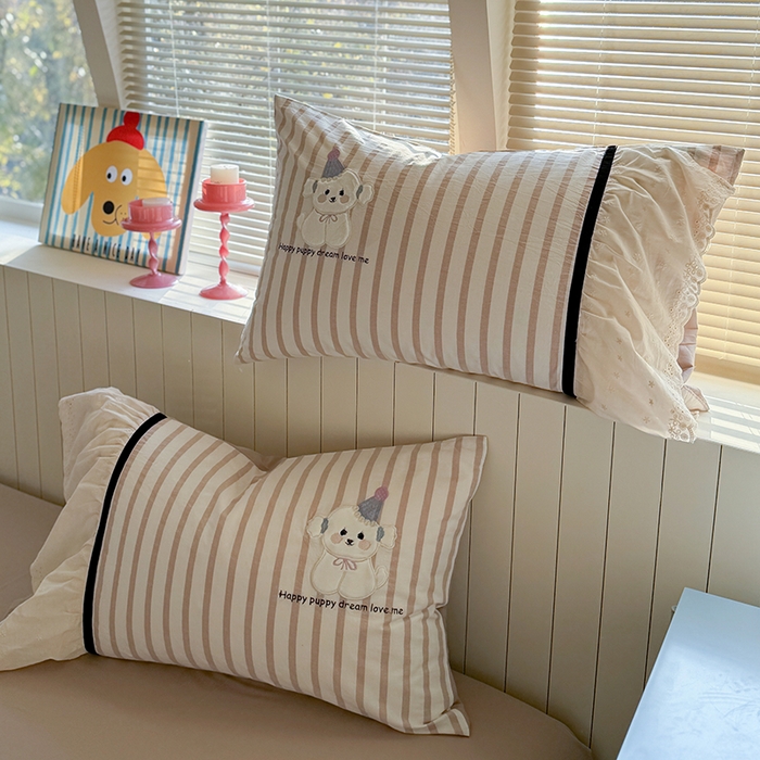 91家纺网 家纺一手货源 找家纺 优悦生活馆 2025新款全棉纯棉水洗棉印花四件套-牛奶小狗 牛奶小狗-米色