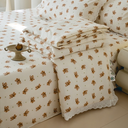 绒世界 绒世界 2025新款双层纱韩版印花夏被四件套 小熊