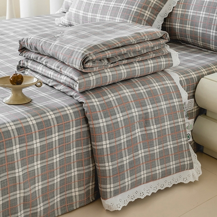 绒世界 绒世界 2025新款双层纱韩版印花夏被四件套 格子-灰