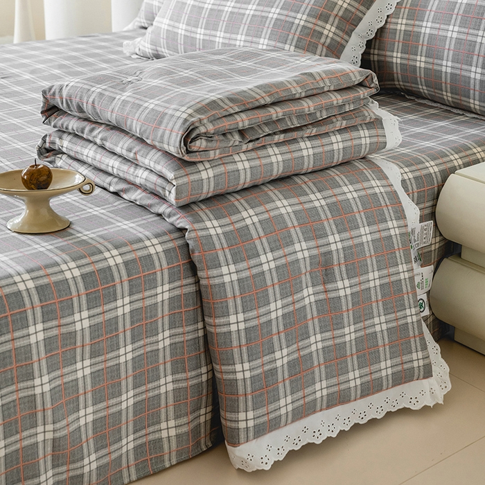 91家纺网 家纺一手货源 找家纺 绒世界 绒世界 2025新款双层纱韩版印花夏被四件套 格子-灰