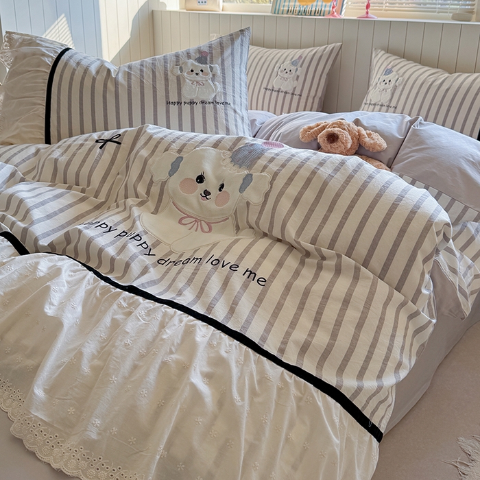 91家纺网 家纺一手货源 找家纺 优悦生活馆 2025新款全棉纯棉水洗棉印花四件套-牛奶小狗 牛奶小狗-灰