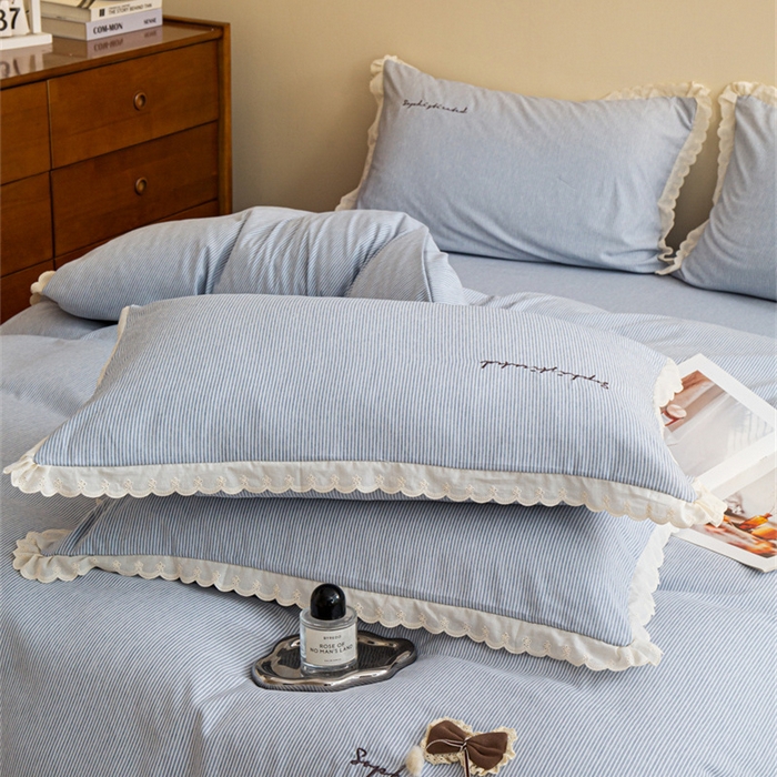 91家纺网 家纺一手货源 找家纺 庭笙 2025新款无印.色织条纹少女韩式小花边简约条纹四件套 色织条纹.蓝