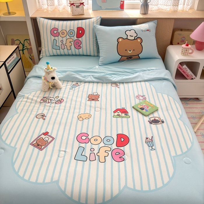 91家纺网 家纺一手货源 找家纺 星期八 2025新款针织棉夏被四件套 美好生活