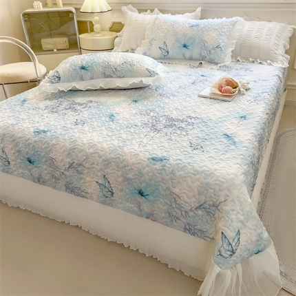 兄弟坊 2025 莱赛尔兰精天丝韩版印花床盖床裙床褥 床盖-蓝蝶