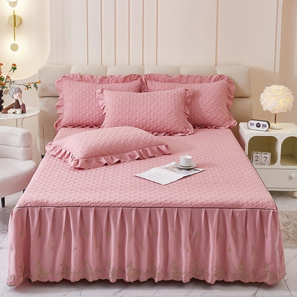 家之硕家纺 2025新款云朵棉刺绣床裙四件套单床裙 豆沙