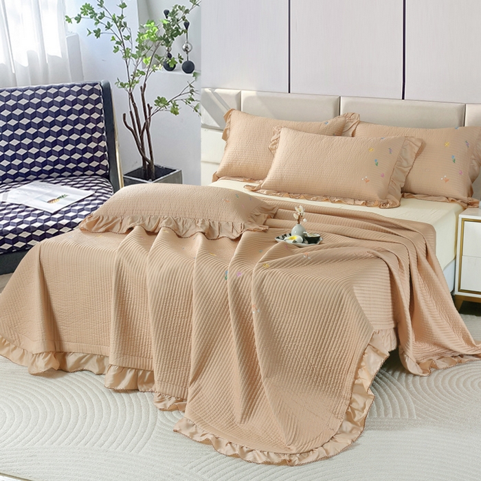 91家纺网 家纺一手货源 找家纺 OL家纺2025新款天丝床盖三件套系列-清新交响曲 枣栗色