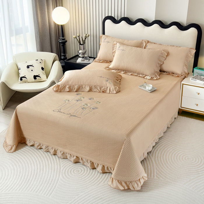 91家纺网 家纺一手货源 找家纺 OL家纺2025新款天丝床盖三件套系列-蒲公英 枣栗色