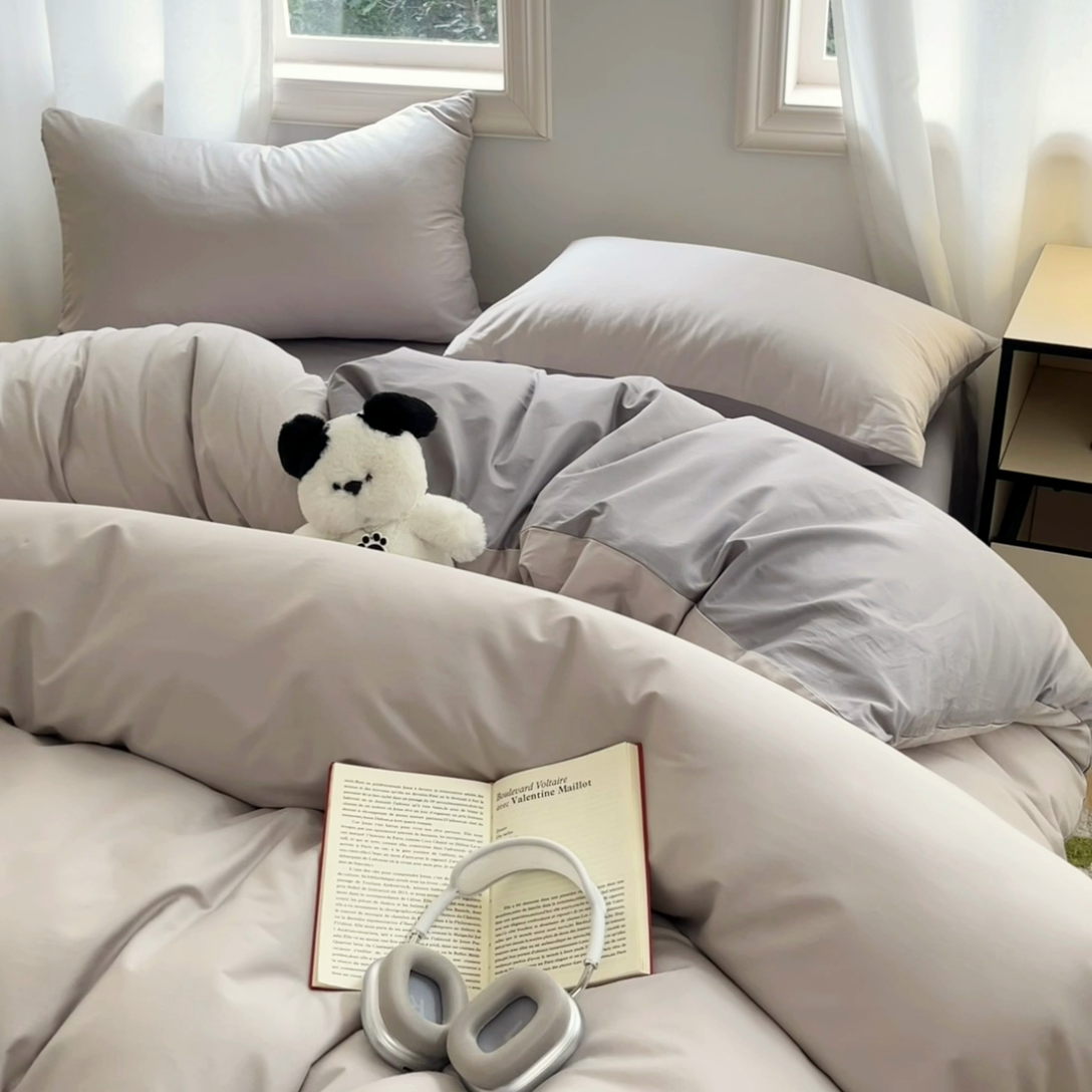 91家纺网 家纺一手货源 找家纺 泽西家纺2025新款A类全棉双拼纯色纯棉单被套 浅灰+深灰