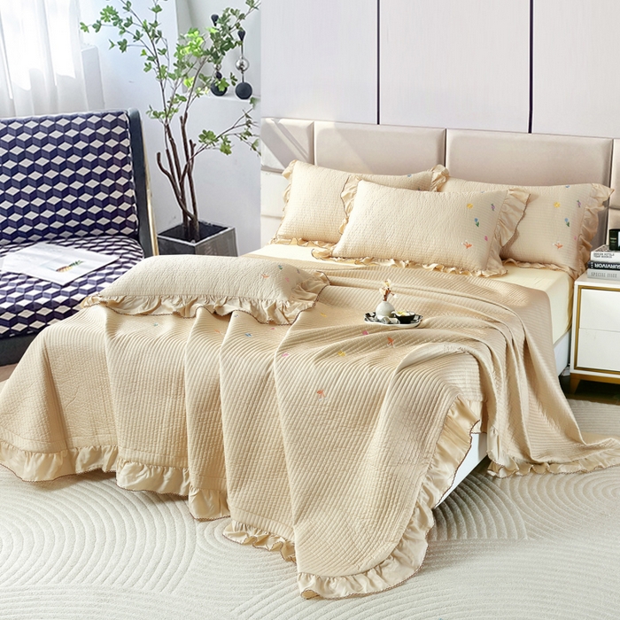 91家纺网 家纺一手货源 找家纺 OL家纺2025新款天丝床盖三件套系列-清新交响曲 奶茶驼