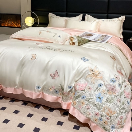 爱家（原缔乐家纺） 2025新款雪莲天丝四件套-花开浪漫 花开浪漫-奶昔白