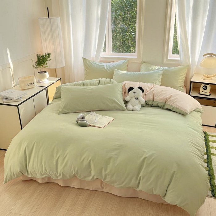 91家纺网 家纺一手货源 找家纺 泽西家纺2025新款A类全棉双拼纯色纯棉单被套 橄榄绿+奶茶