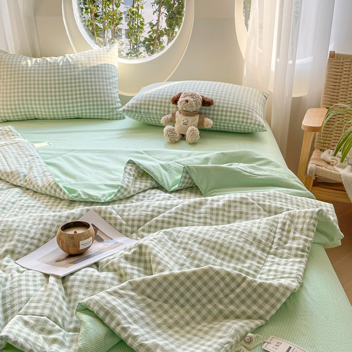 91家纺网 家纺一手货源 找家纺 老帅的工厂店 2025新款云朵棉无印风格子夏被 绿小格