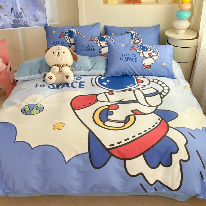 91家纺网 家纺一手货源 找家纺 金爱家 2025新款太空人纯棉四件套 火箭太空人