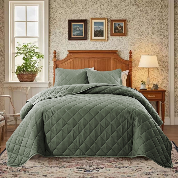 91家纺网 家纺一手货源 找家纺 温宁2025新款跨境外贸专供斜方格床盖 绿色