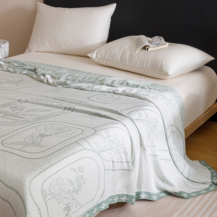 91家纺网 家纺一手货源 找家纺 朴尔家纺-2025年新款柔滑竹纤维双层纱布冷感毯毛巾被 水纹玫瑰-绿