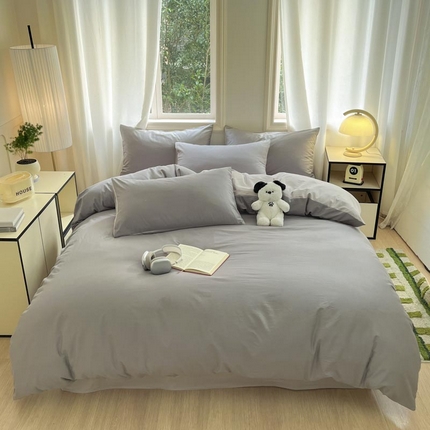泽西家纺2025新款A类全棉双拼纯色纯棉单被套 深灰+浅灰