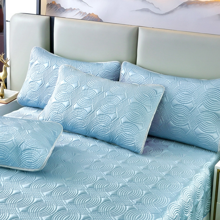 91家纺网 家纺一手货源 找家纺 OL家纺2025新款冰丝绸夏被床盖款三件套 天空蓝