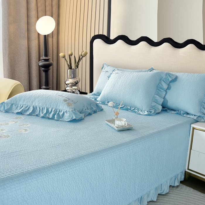 91家纺网 家纺一手货源 找家纺 OL家纺2025新款天丝床盖三件套系列-蒲公英 秋波蓝