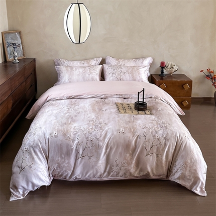 91家纺网 家纺一手货源 找家纺 优贝 2025新款100%兰精天丝60S数码印花天丝四件套 探梅寻香