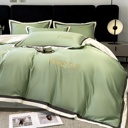 首尔家纺 2025水洗真丝四件套宽边款布达佩斯系列 布达佩斯-云川绿配米色
