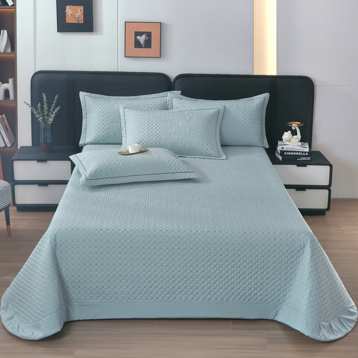 91家纺网 家纺一手货源 找家纺 OL家纺2025新款玉锦缎纯色床盖三件套-巴格莉 深蓝