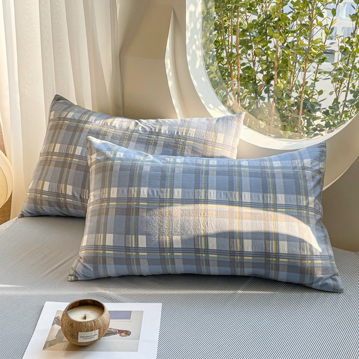 91家纺网 家纺一手货源 找家纺 老帅的工厂店 2025新款云朵棉无印风格子夏被 麦田蓝