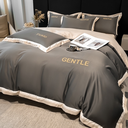首尔家纺 2025水洗真丝四件套宽边款布达佩斯系列 布达佩斯-深灰拼米咖