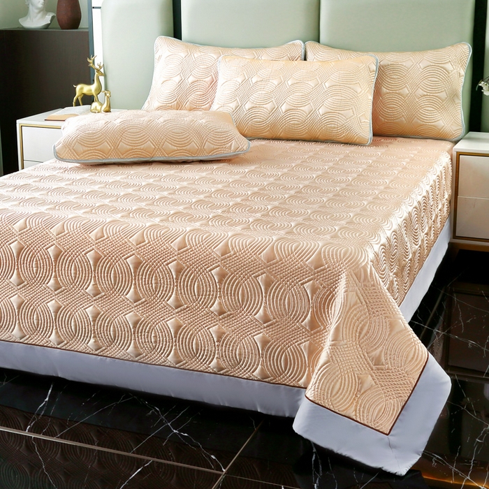 91家纺网 家纺一手货源 找家纺 OL家纺2025新款冰丝绸夏被床盖款三件套 粉橘色