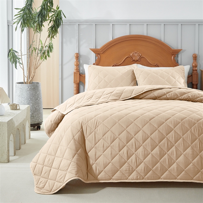 91家纺网 家纺一手货源 找家纺 温宁2025新款跨境外贸专供斜方格床盖 米色