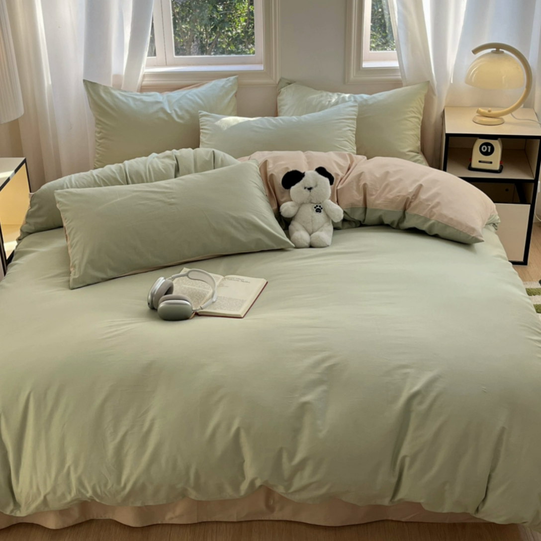 91家纺网 家纺一手货源 找家纺 泽西家纺2025新款A类全棉双拼纯色纯棉单被套 橄榄绿+奶茶