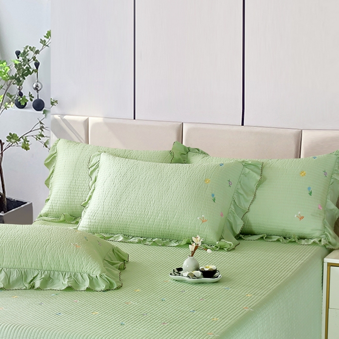 91家纺网 家纺一手货源 找家纺 OL家纺2025新款天丝床盖三件套系列-清新交响曲 苹果绿