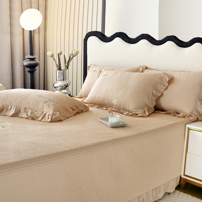 91家纺网 家纺一手货源 找家纺 OL家纺2025新款天丝床盖三件套系列-蒲公英 枣栗色