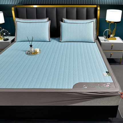 91家纺网 家纺一手货源 找家纺 小牛席业 2025新款凉感乳胶席（床笠款）系列凉席藤席冰藤席冰丝席草席竹席乳胶席凉感豆豆席 凉感乳胶席-天蓝（床笠款）