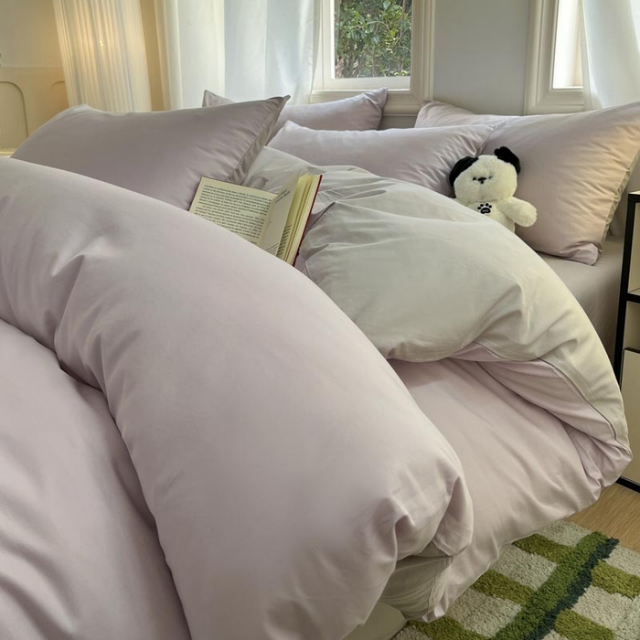 91家纺网 家纺一手货源 找家纺 泽西家纺2025新款A类全棉双拼纯色纯棉单被套 淡雅紫+山灰