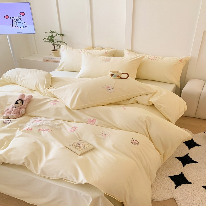 91家纺网 家纺一手货源 找家纺 蜜柚2025新款全棉纯棉贴布绣四件套 西高地-奶白