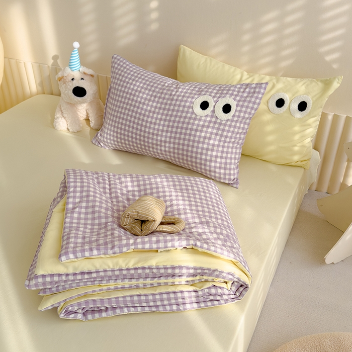 91家纺网 家纺一手货源 找家纺 老帅的工厂店 2025新款多巴胺水洗云朵棉大眼睛系列夏被四件套 麻薯