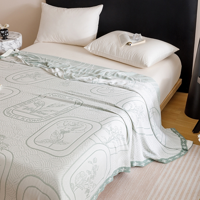 91家纺网 家纺一手货源 找家纺 朴尔家纺-2025年新款柔滑竹纤维双层纱布冷感毯毛巾被 水纹玫瑰-绿