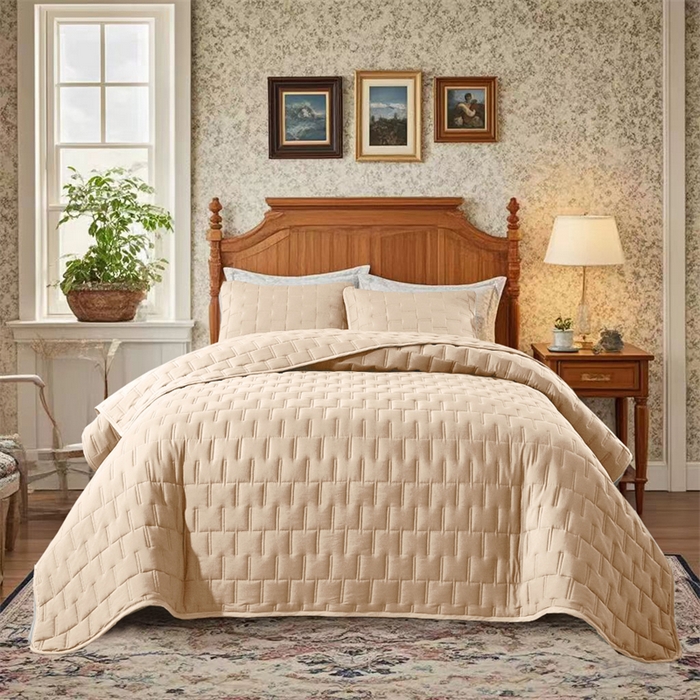 91家纺网 家纺一手货源 找家纺 温宁2025新款 跨境外贸专供山字格床盖 米色