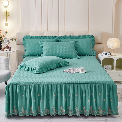 家之硕家纺 2025新款云朵棉刺绣床裙四件套单床裙 湖绿