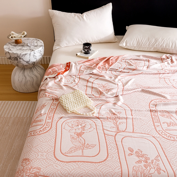 91家纺网 家纺一手货源 找家纺 朴尔家纺-2025年新款柔滑竹纤维双层纱布冷感毯毛巾被 水纹玫瑰-橘