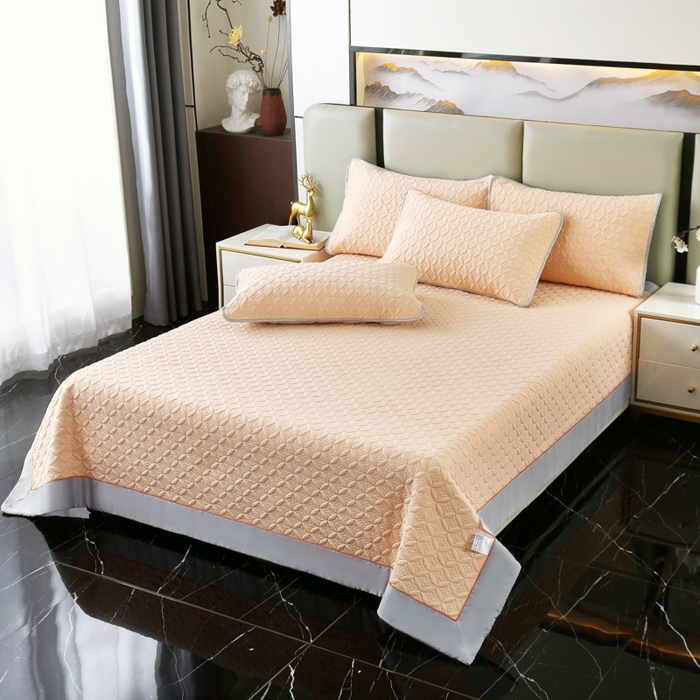 91家纺网 家纺一手货源 找家纺 OL家纺2025新款凉感丝夏被床盖款三件套 粉橘色