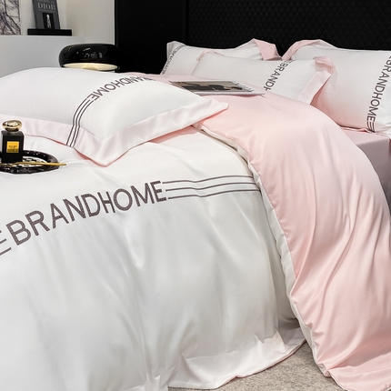 91家纺网 家纺一手货源 找家纺 首尔家纺 2025亲肤棉水洗真丝冰丝刺绣四件套-伯恩系列 伯恩-白茶粉