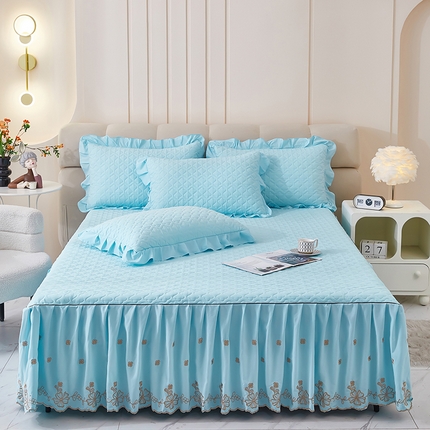 家之硕家纺 2025新款云朵棉刺绣床裙四件套单床裙 浅蓝