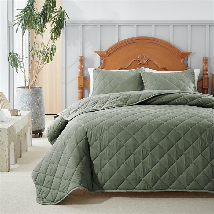 91家纺网 家纺一手货源 找家纺 温宁2025新款跨境外贸专供斜方格床盖 绿色