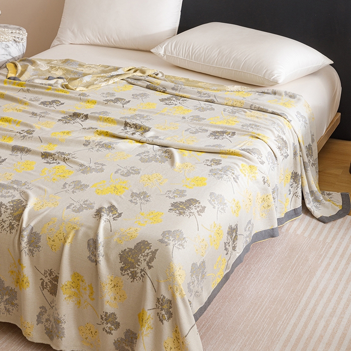 91家纺网 家纺一手货源 找家纺 朴尔家纺-2025年新款柔滑竹纤维双层纱布冷感毯毛巾被 清然-灰黄